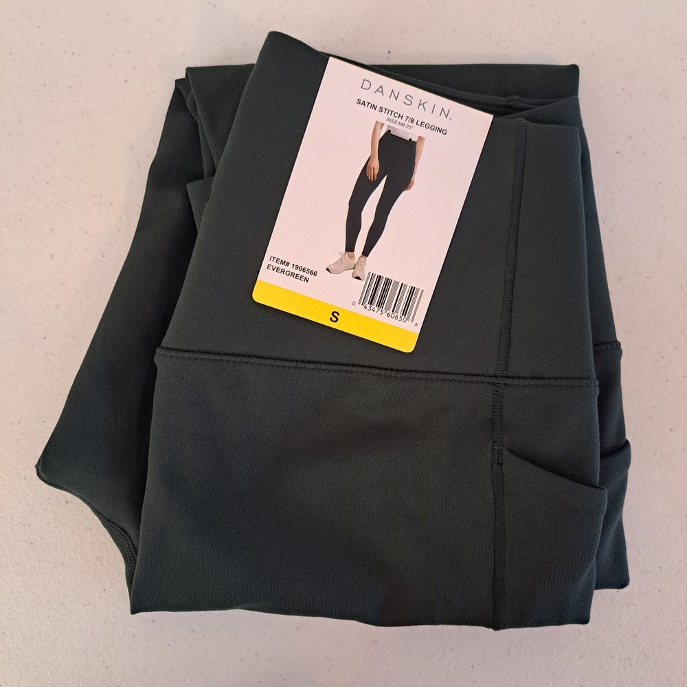 Danskin Satin Stitch Legging Womens‎ S Evergreen NWT High Rise Pocket 846-207-B9